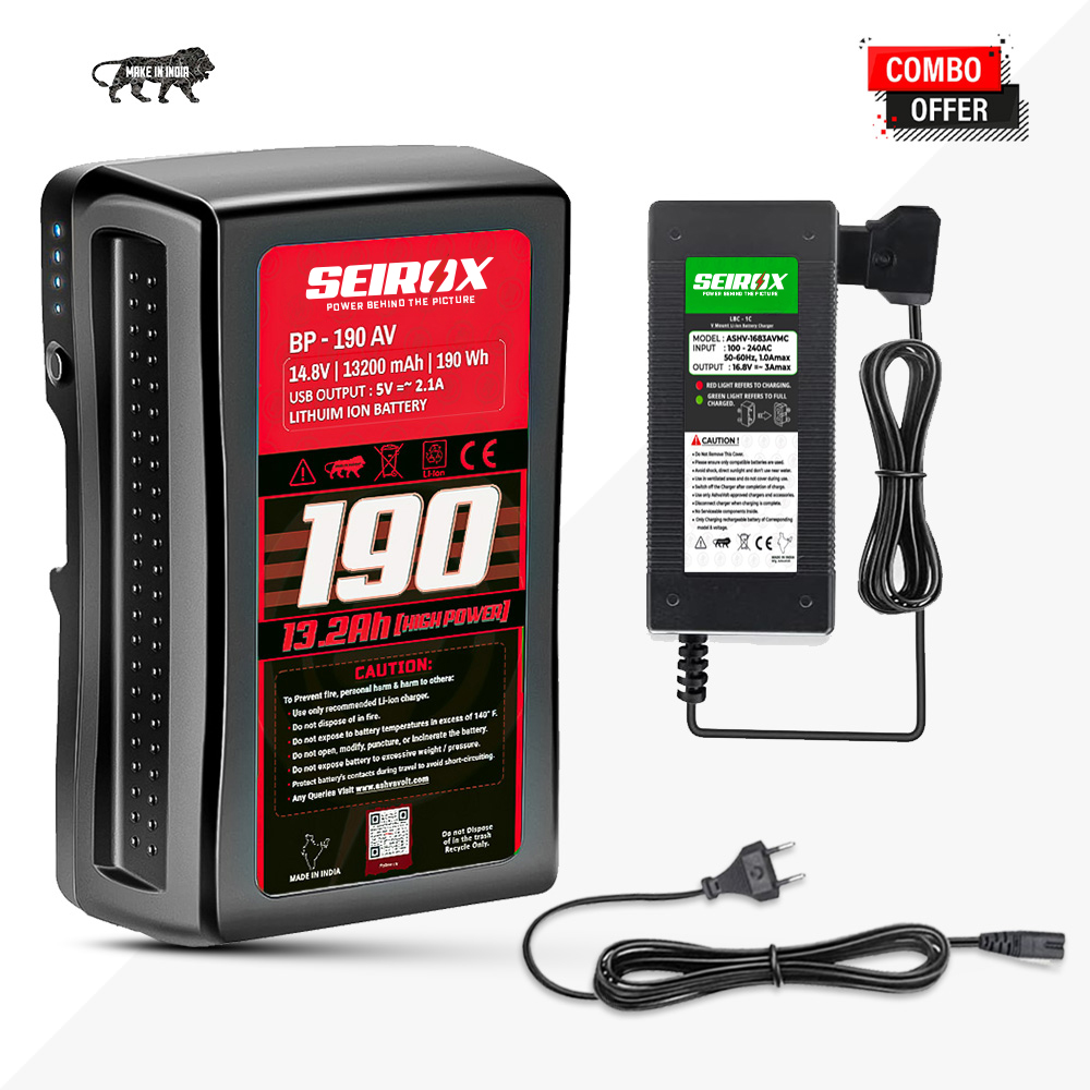 Seirox BP-190 V-Mount/ V-Lock Battery,14.8V 13200mAh (13.2Ah) with D-Tap Output Charger and D-Tap Cable Compatible with Sony Video Broadcast Camera Camcorder LED Light (BP-190WS)| COMBO