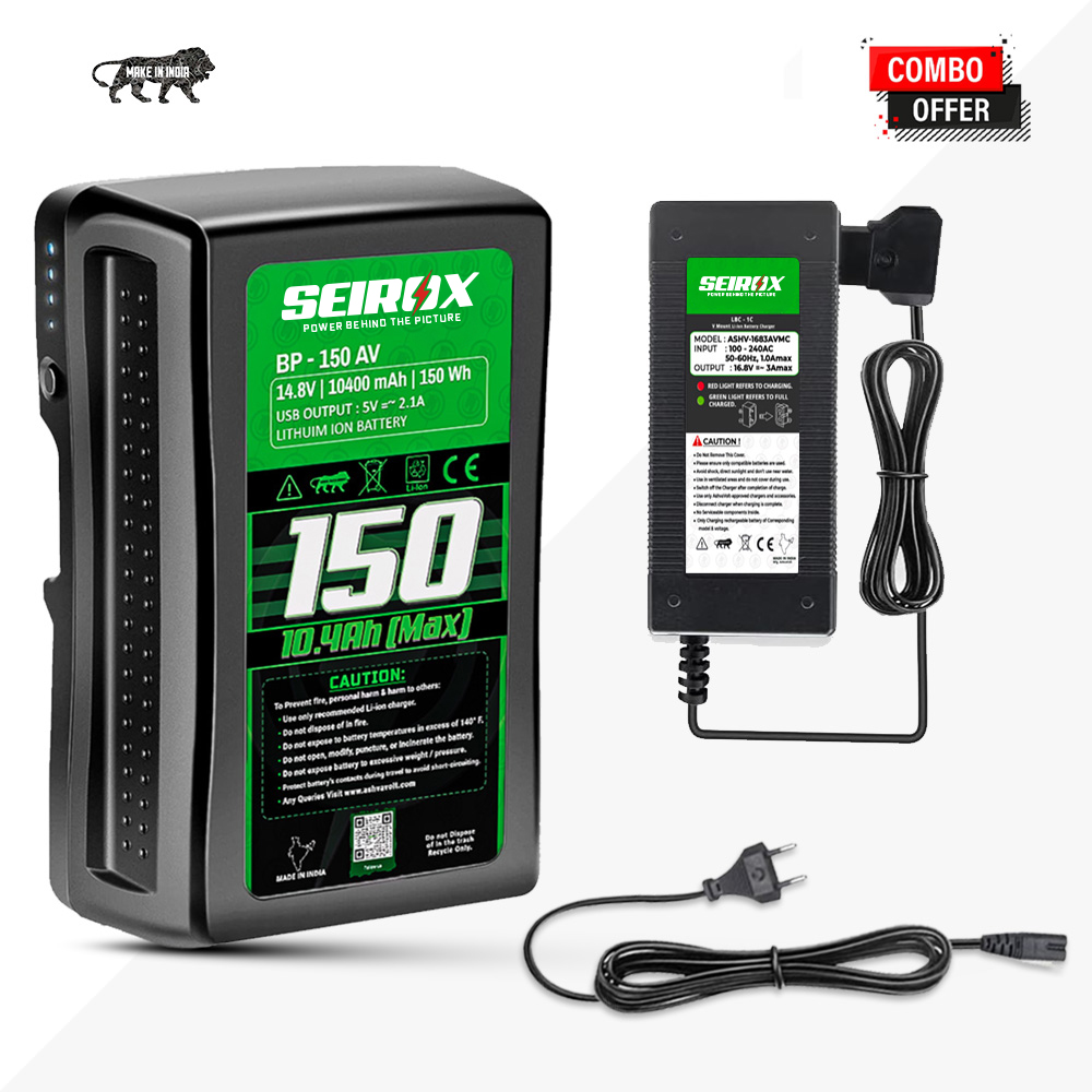 Seirox BP-150 V-Mount/ V-Lock Battery,14.8V 10400mAh (10.4Ah) with D-Tap Output Charger and D-Tap Cable Compatible with Sony Video Broadcast Camera Camcorder LED Light (BP-150WS)| COMBO